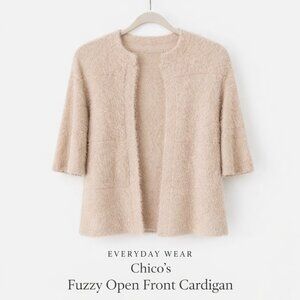 Chico’s Fuzzy Eyelash Cardigan Blush Beige Open Front Cozy Knit Jacket Size 1